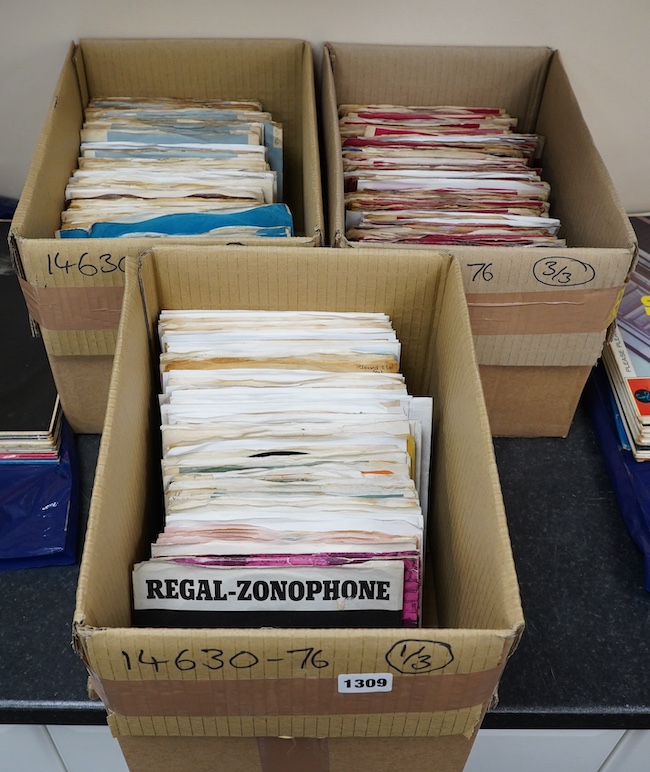 Three boxes of 7” singles on London, RCA, United Artists, Warner Brothers, Regal, Reprise, etc. labels, artists including; Jack Scott, Elvis Presley, Neil Sedaka, The Everly Brothers, Joe Cocker, Rolling Stones, etc. Con